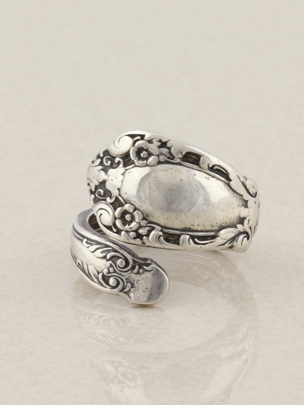 Sterling Silver Flower Spoon Ring size 7 1/4 Adjustable